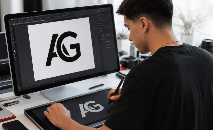 Fotografía de diseñador profesional creando logo con tableta gráfica y monitor con software de diseño representando el servicio de identidad visual de Adrián García