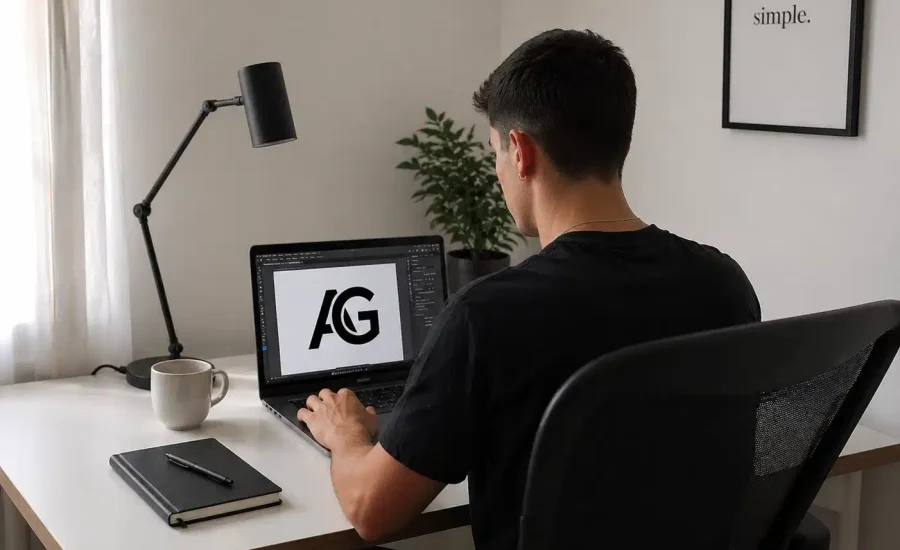Adrián García diseñando proyecto en laptop, mostrando proceso creativo de desing web y marketing digital en ambiente profesional