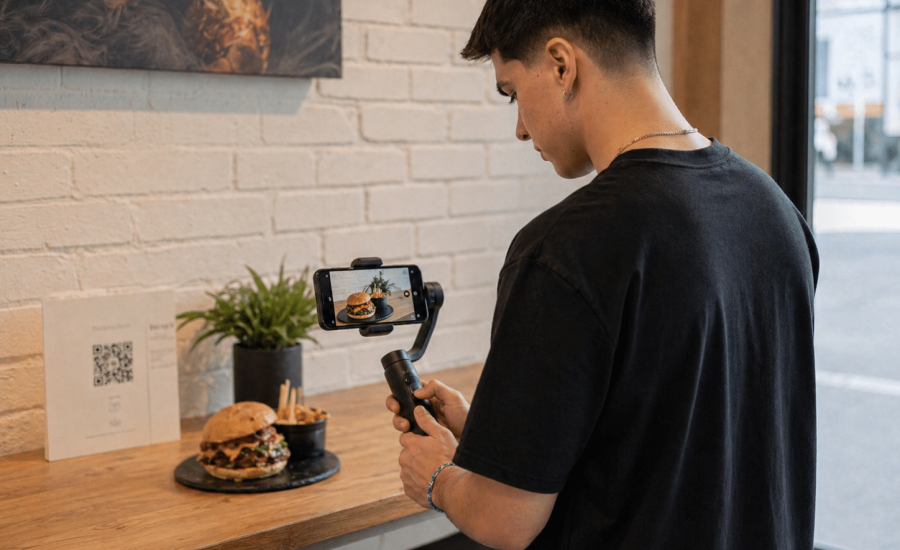 Adrián García grabando contenido de redes sociales para negocio de hamburguesas
